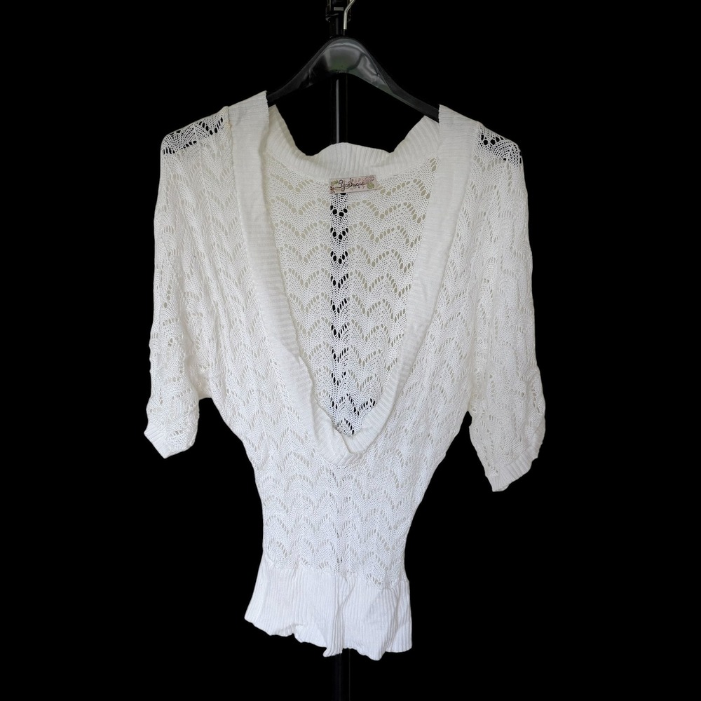 Y2K Younique White Crochet Knit Top Deep V-Neck Dolman Sleeve Pointelle Sweater